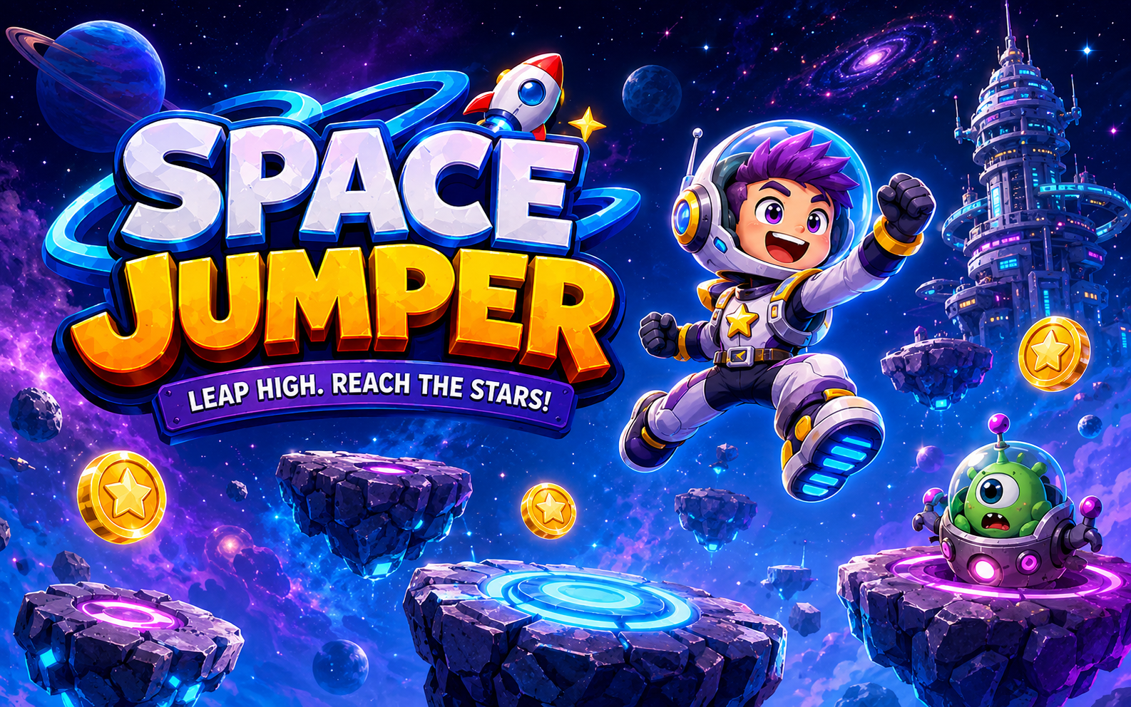 Space Jumper galaxy vertical jumper game banner
